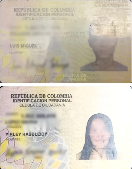 Dos muestras de documentos de identidad afectadas por reflejos y superficies brillantes.