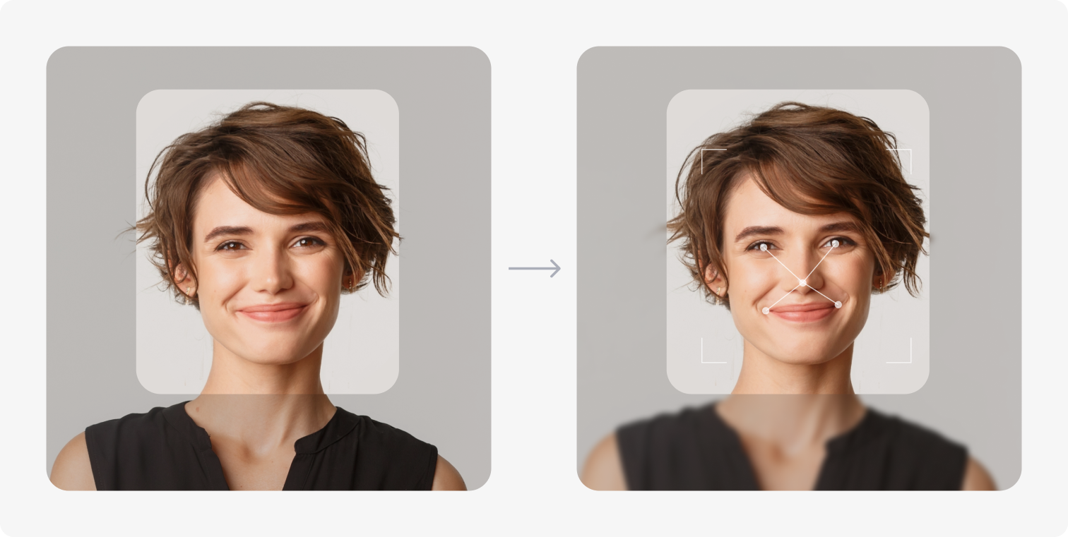 Retrato de antes y después que ilustra la alineación facial de cinco puntos.