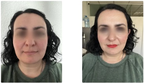 Tres fotos de una mujer con distinto maquillaje: rostro natural, labios rojos y maquillaje oscuro en los ojos.
