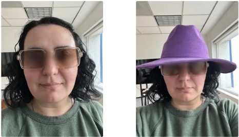 Tres fotos de una mujer con distintos accesorios, incluyendo lentes de sol grandes y un sombrero morado.