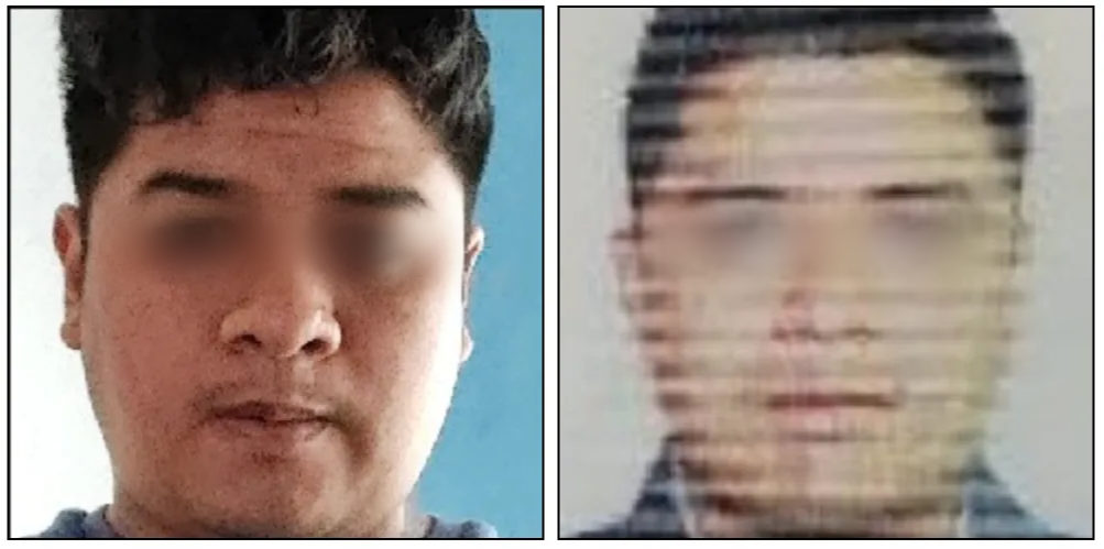 El retrato de un hombre junto a una versión distorsionada horizontalmente de su rostro.