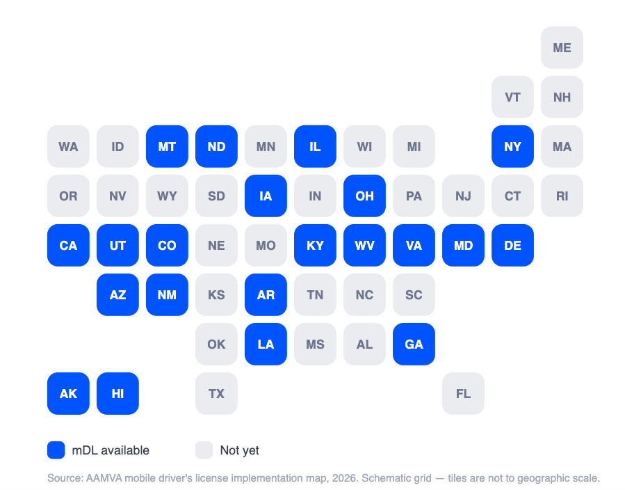A map of which U.S. states offer mDLs as of early 2026, including California and New York.