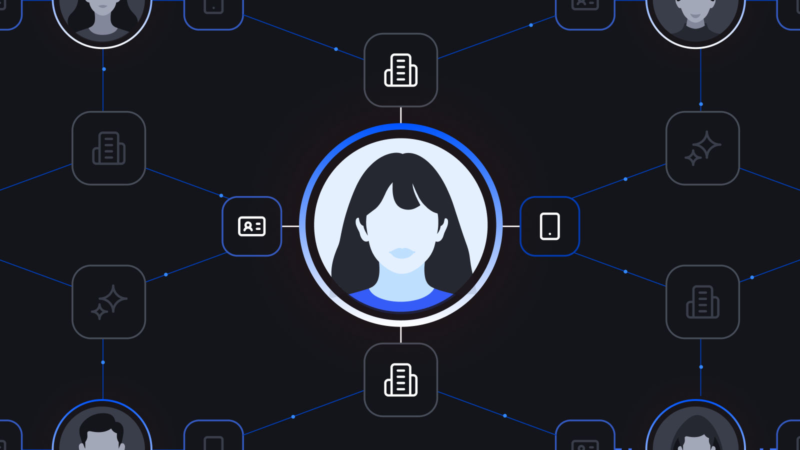 A person's face, with several icons around it representing institutions.