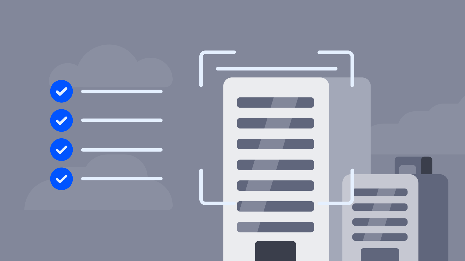 An illustration with a business building and a four-list toggle beside it