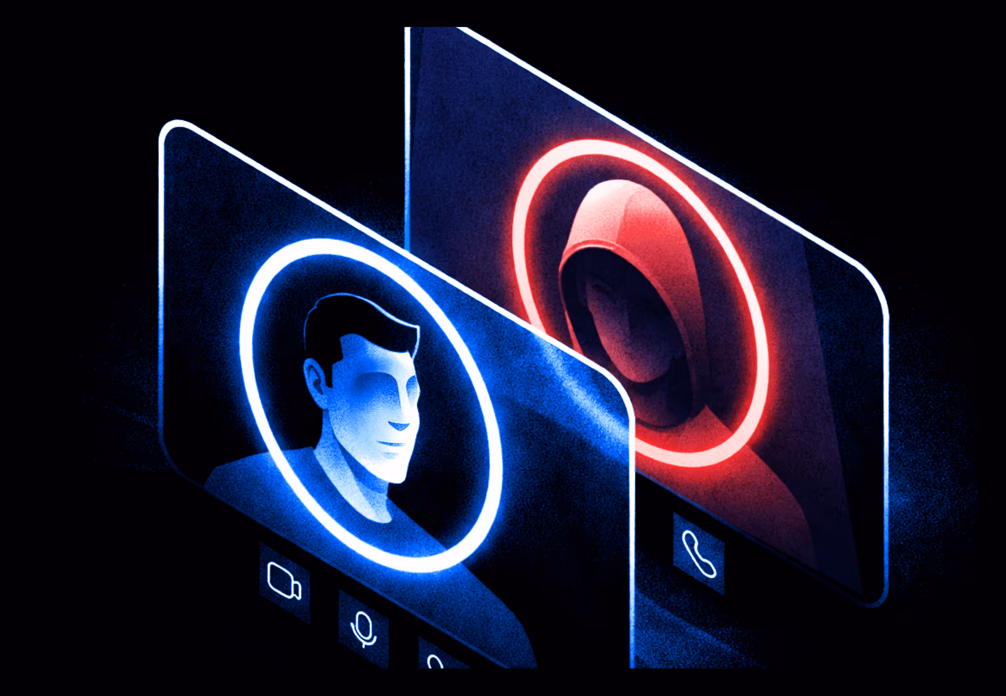 Illustration of a video call between a verified employee and an unverifiable hooded caller, representing workforce identity fraud.