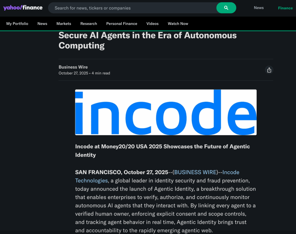 Yahoo Finance article screenshot about securing AI agents in the era of the Agentic Web.