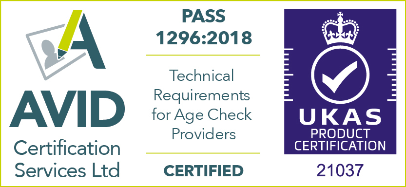 AVID and UKAS certification logos for PASS 1296:2018 technical requirements, displayed side by side.