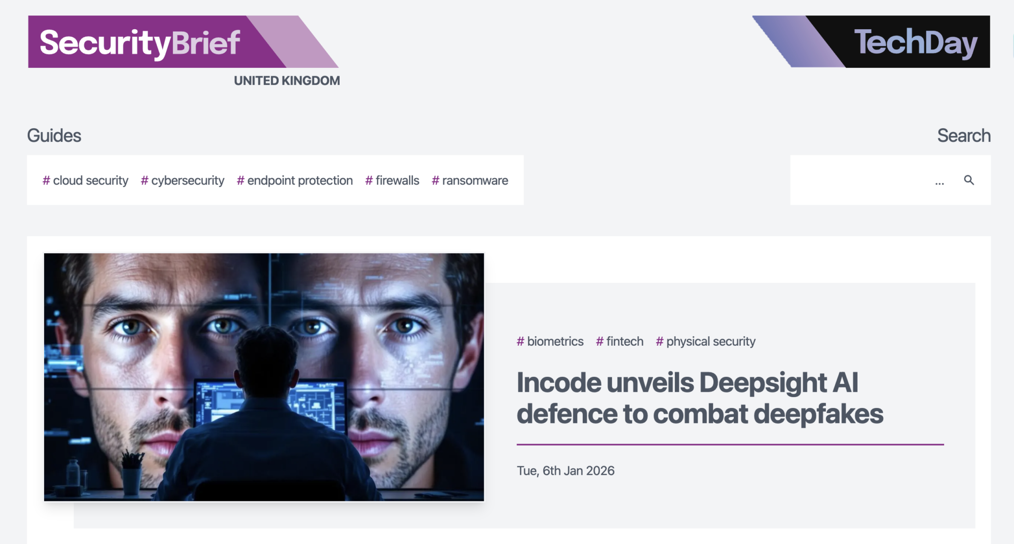 SecurityBrief article screenshot about Incode unveiling Deepsight AI defence to combat deepfakes.