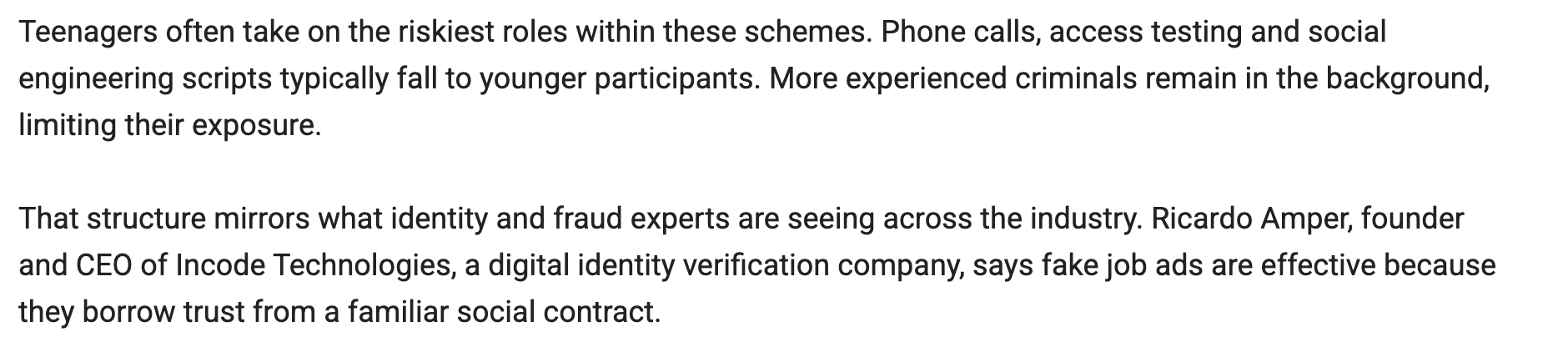 Article excerpt explaining how teenagers are targeted through fake job posts promising easy money, unaware they’re participating in crimes.