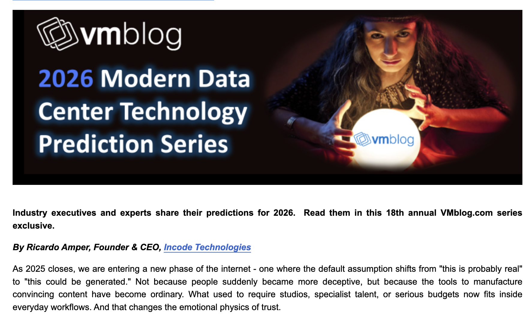 VMblog article screenshot titled ‘2026 Modern Data Center Technology Predictions’ featuring Ricardo Amper’s commentary on AI and identity.