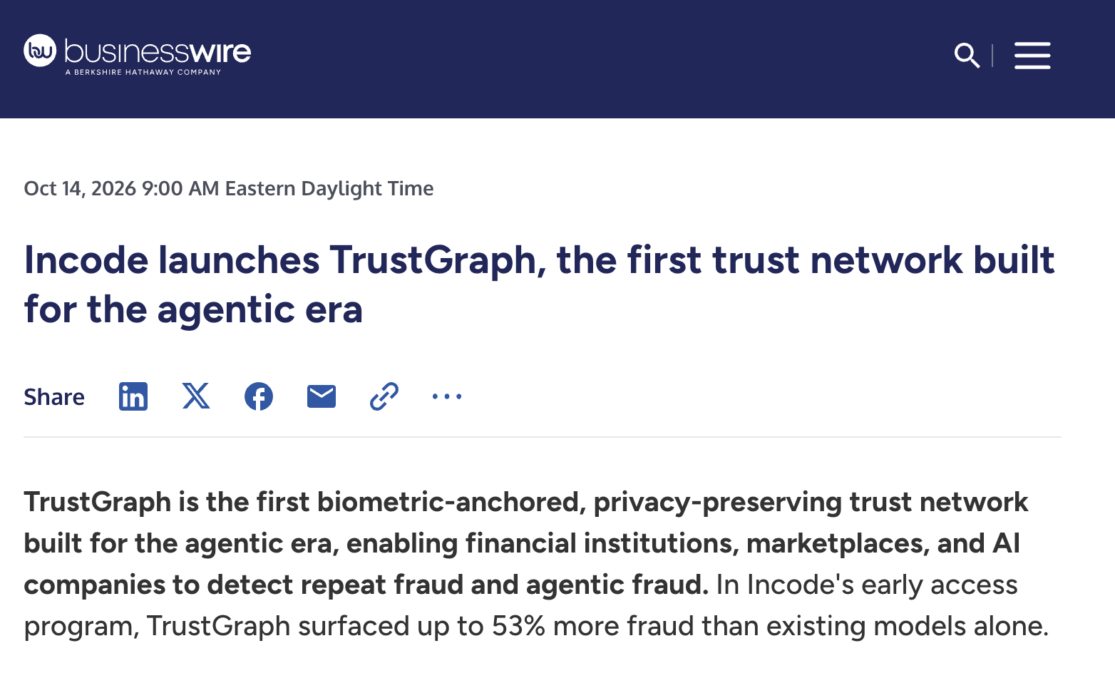 Screenshot of the announcement of Incode's TrustGraph in BusinessWire