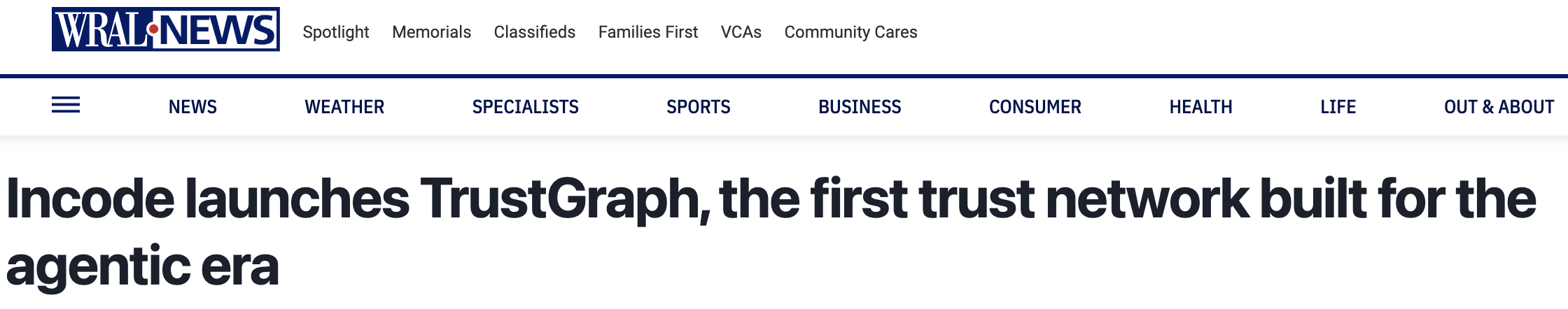Screenshot of the WRAL headline announcing Incode’s TrustGraph launch.