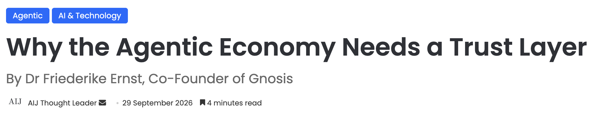 Screenshot of The AI Journal headline about why the agentic economy needs a trust layer.